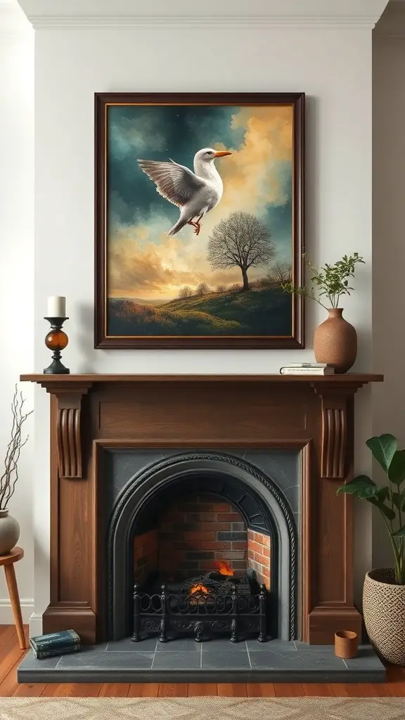 27+ Stylish Fireplace Decor Ideas You’ll Love 9 A beautifully framed artwork of a bird soaring above a landscape, placed above a classic wooden fireplace.