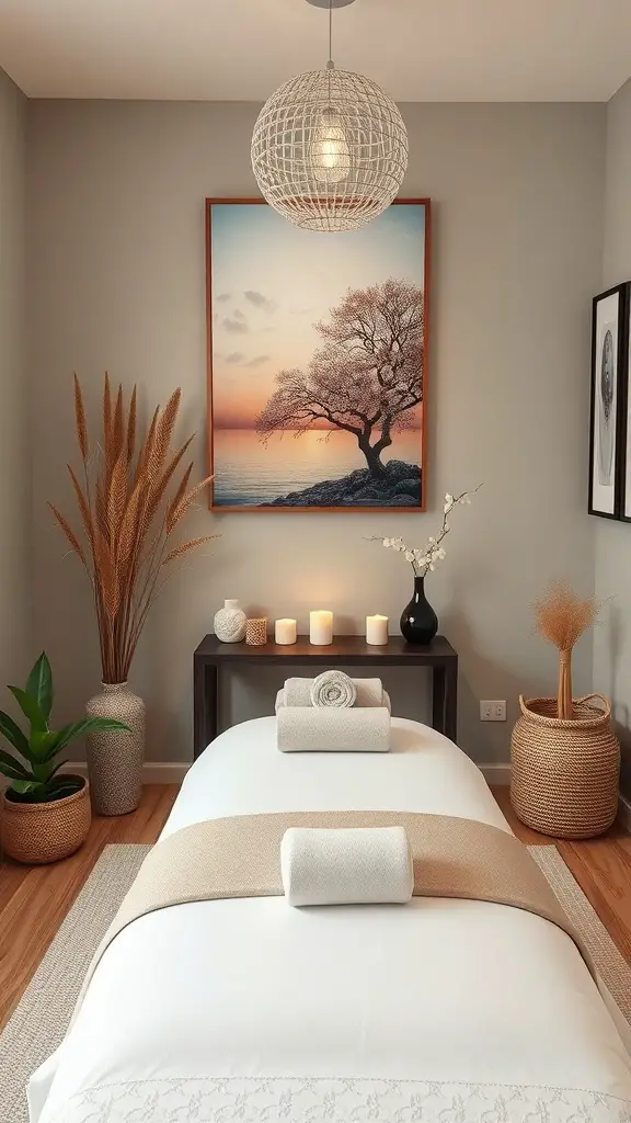 A serene massage room with calming decor, featuring a nature-themed painting, soft lighting, and plants.