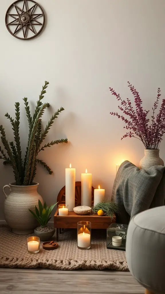 31+ Magical Decor Ideas for a Witchy Living Room 7 A cozy altar space in a living room featuring candles, plants, and natural decor.