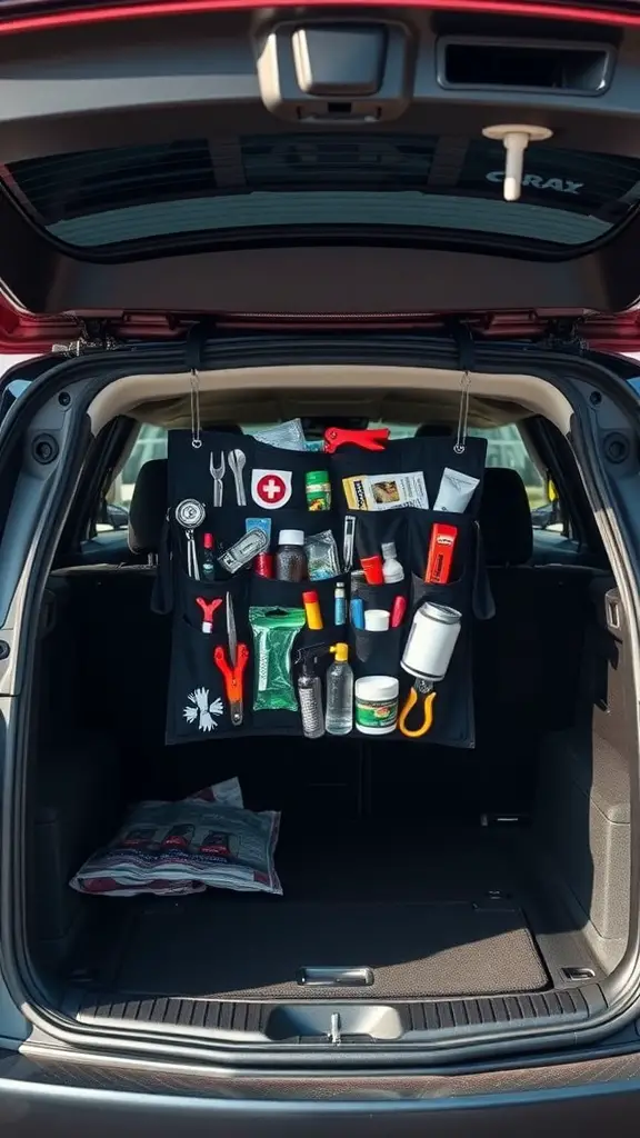 25+ Clever Car Trunk Organization Ideas to Maximize Space 3 Hanging organizer filled with tools and supplies in a car trunk
