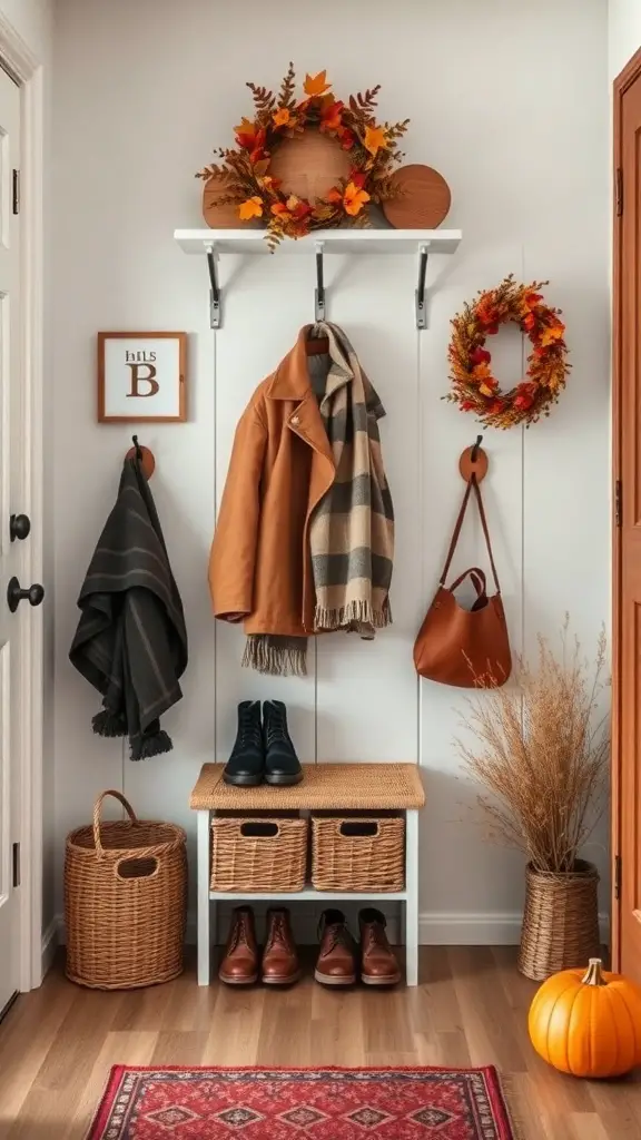A cozy fall entryway featuring hooks for coats, a bench with storage baskets, and autumn decorations.
