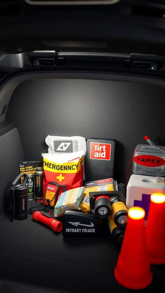 25+ Clever Car Trunk Organization Ideas to Maximize Space 5 An organized car trunk with emergency kit essentials including first aid supplies, flashlights, and reflective cones.