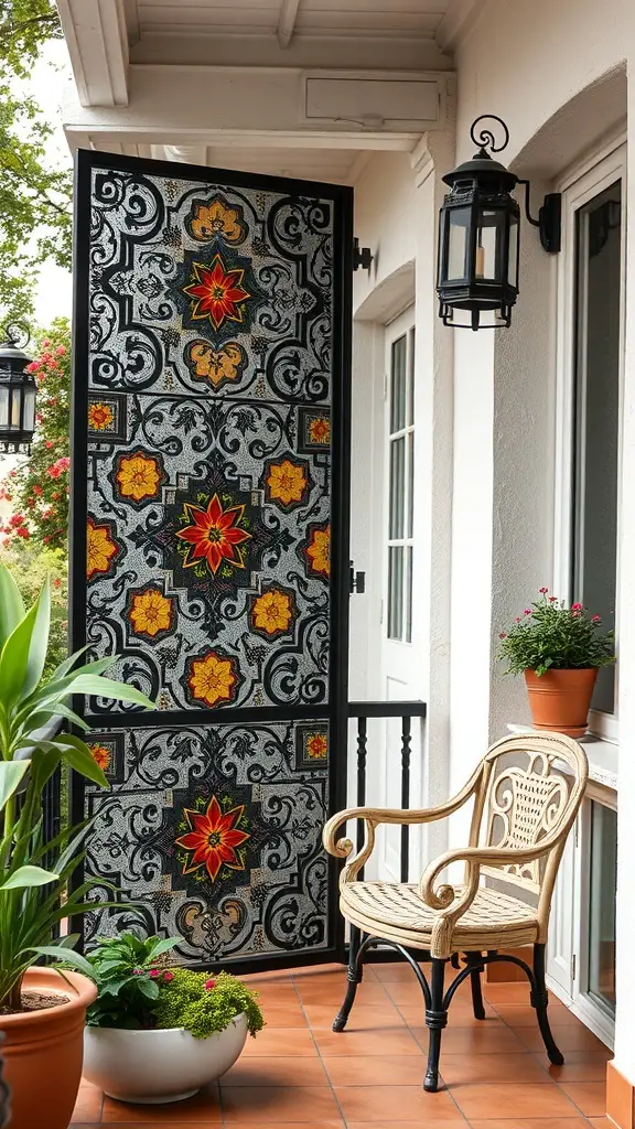 21+ Creative Balcony Privacy Ideas You’ll Love 7 Decorative outdoor screen with colorful floral patterns on a balcony
