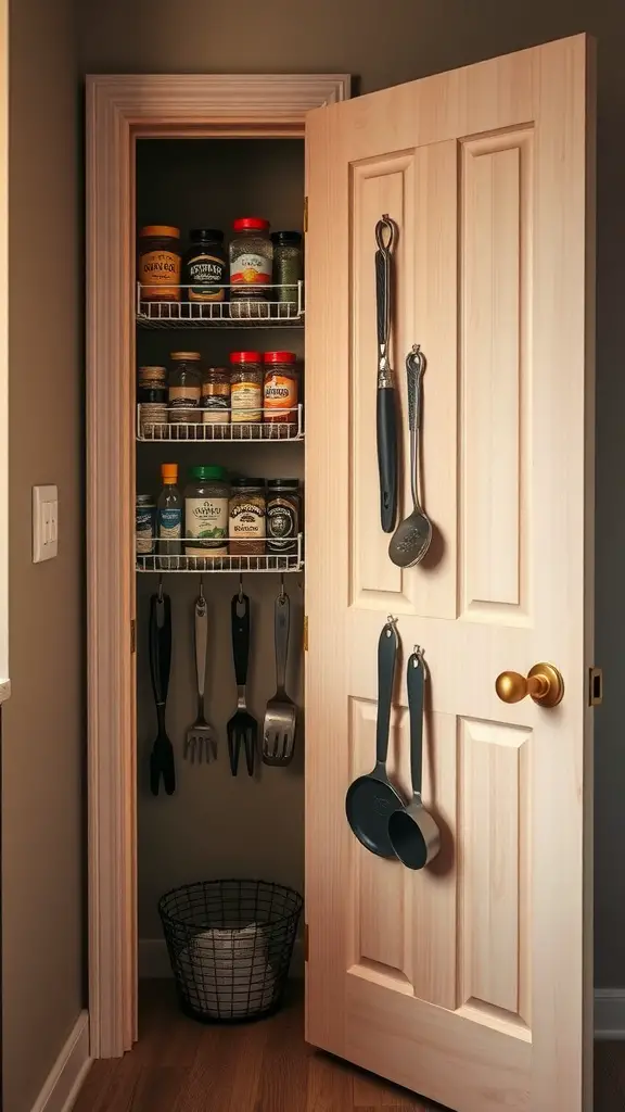 19+ Creative Small Corner Pantry Ideas to Maximize Your Space 4 A pantry door with racks holding spices and hooks for utensils.