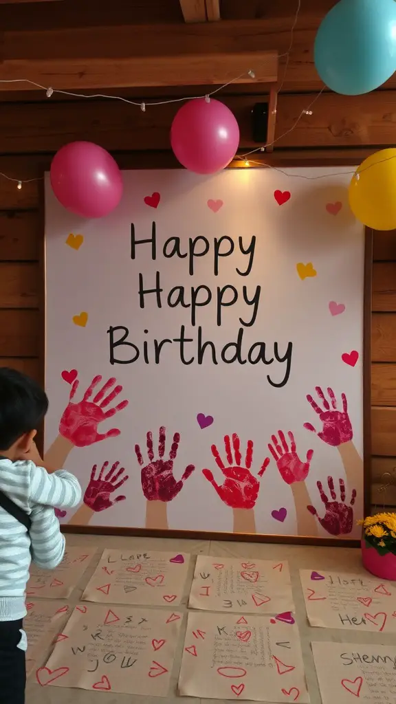 19+ Fun and Creative 1st Birthday Party Ideas for Your Little One 16 A colorful birthday backdrop with handprints and messages for a unique guest book.