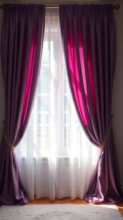 29+ Adorable Purple Nursery Ideas for Your Little One 9 Purple curtains with a gradient effect, framing a window in a nursery.