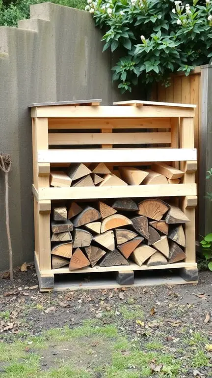 21+ Creative Pallet Garden Ideas You Need to Try 13 A wooden pallet firewood storage unit filled with neatly stacked logs, surrounded by greenery.