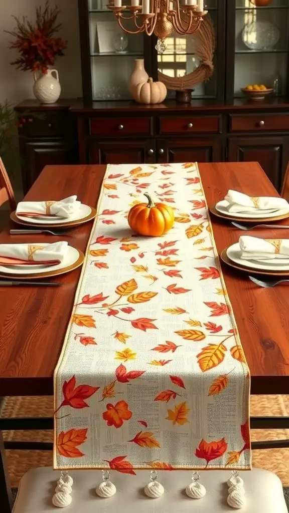 37+ Charming Fall Sewing Projects to Cozy Up Your Home 8 A Thanksgiving table set with a festive table runner featuring autumn leaves, a small pumpkin, and elegant tableware.