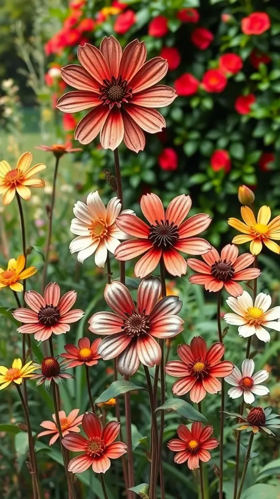 19+ Stunning Rusty Metal Garden Art Pieces to Transform Your Outdoor Space 4 Colorful rustic metal flowers in a garden setting.