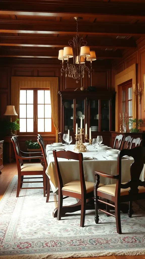 A traditional classic dining room with wooden furniture, a chandelier, and a large dining table set for a meal.
