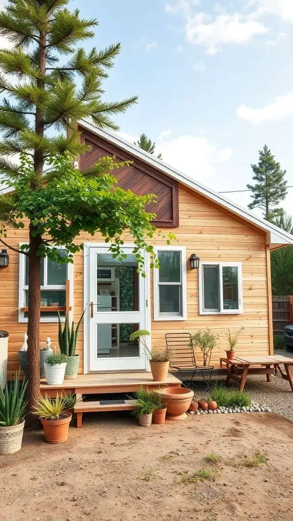 A cozy mobile home with a wooden exterior and plants around the entrance.