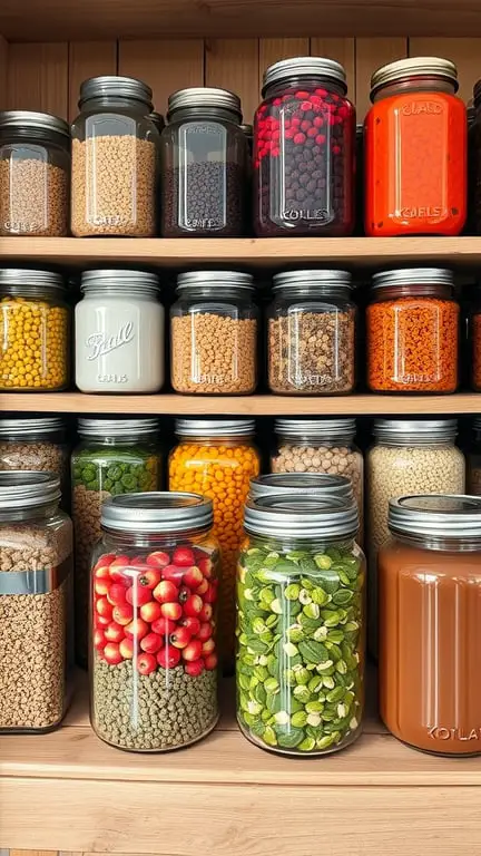 A collection of clear glass jars filled with various colorful ingredients, neatly organized on a wooden shelf.