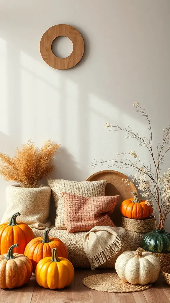 Cozy fall decor featuring pumpkins, cushions, and natural elements.