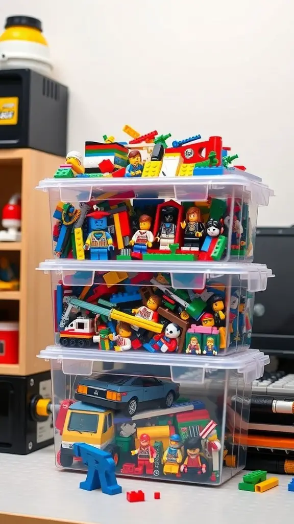 19+ Creative LEGO Organization Ideas for a Tidy Space 7 Three stackable containers filled with colorful LEGO bricks and mini-figures.
