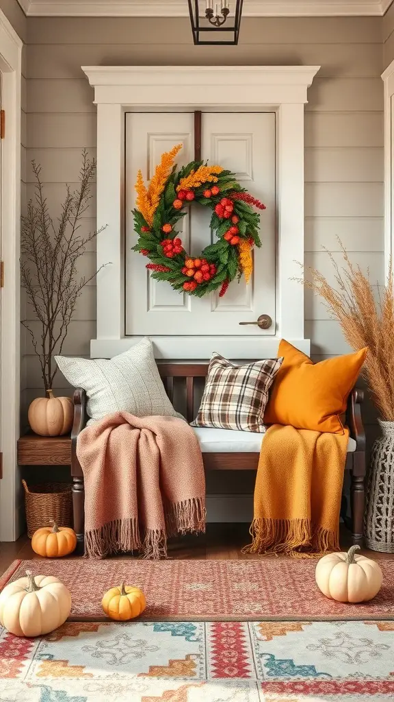 Cozy fall entryway with a bench, pillows, blankets, and pumpkins.