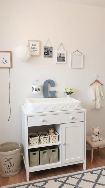 25+ Adorable Newborn Room Ideas to Inspire Your Nursery Design 14 Stylish changing station with white furniture, storage baskets, and wall decor