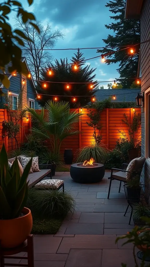 25+ Inspiring Hardscape Backyard Ideas for Your Outdoor Oasis 10 A cozy backyard with string lights, a fire pit, and comfortable seating.