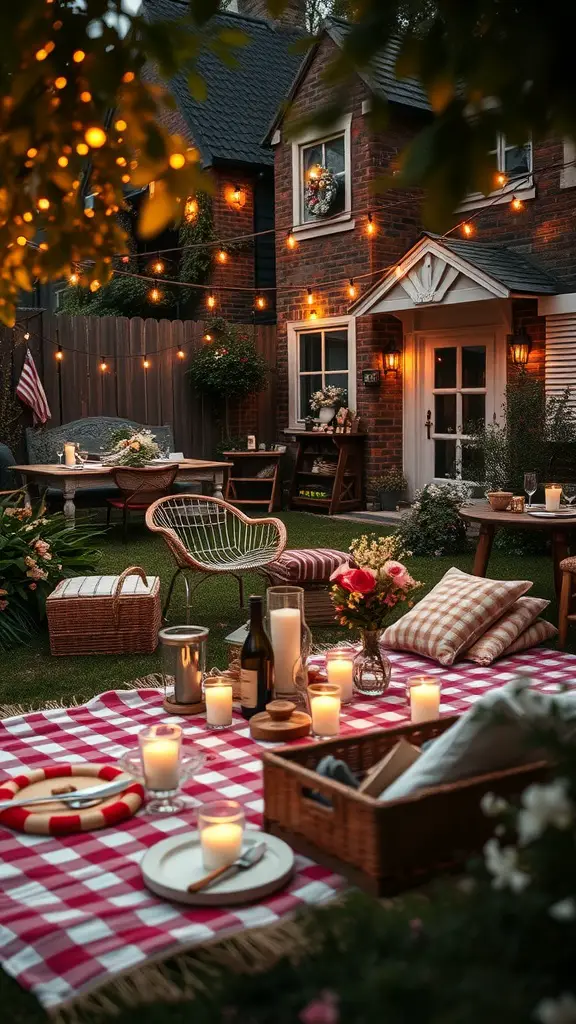 21+ Cottagecore Garden Essentials for a Whimsical Outdoor Retreat 15 A cozy garden party setup with a picnic blanket, candles, and warm lighting.