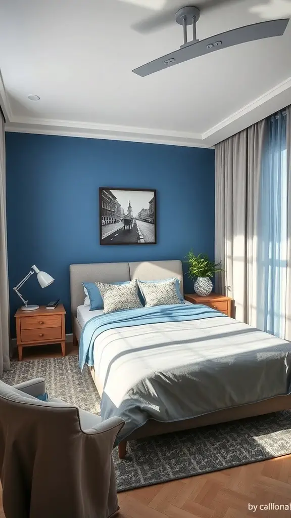 23+ Stunning Blue and Grey Bedroom Ideas You'll Love 7 A blue and grey bedroom featuring a bed, nightstands, and a comfortable chair.