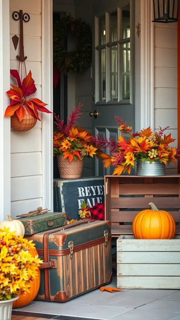 A cozy fall entryway with vintage suitcases, crates, pumpkins, and colorful autumn leaves.