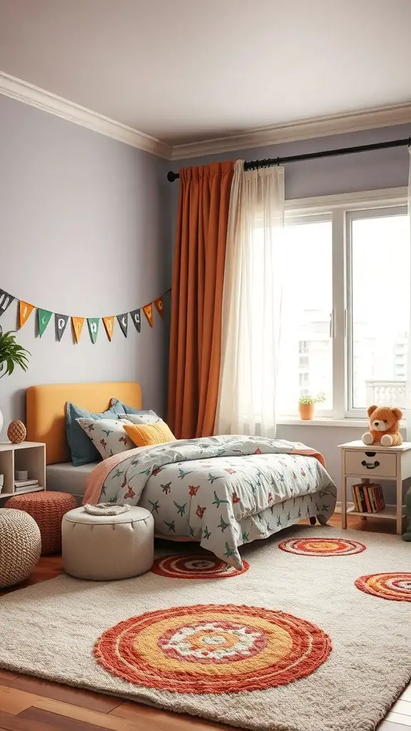 21+ Creative Kids Room Interior Design Ideas for Every Style 11 A cozy kids room featuring colorful bedding, playful cushions, and a textured rug.