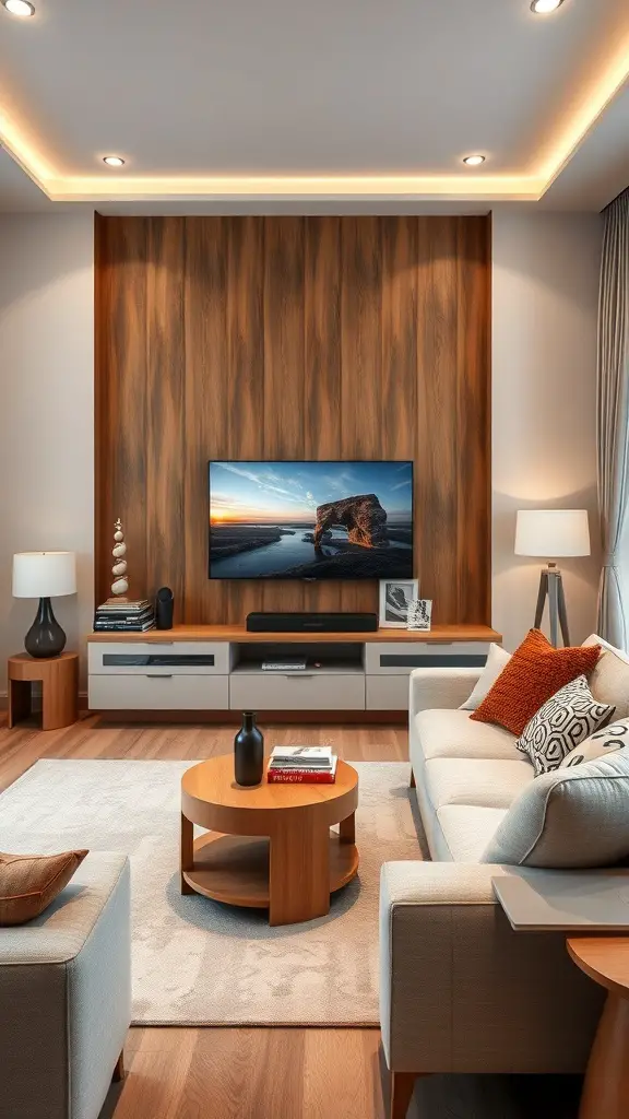 25+ Stunning TV Wall Ideas for Your Living Room 14 Cozy living room with a TV wall, featuring a child sitting on the floor, soft furniture, and decorative elements.