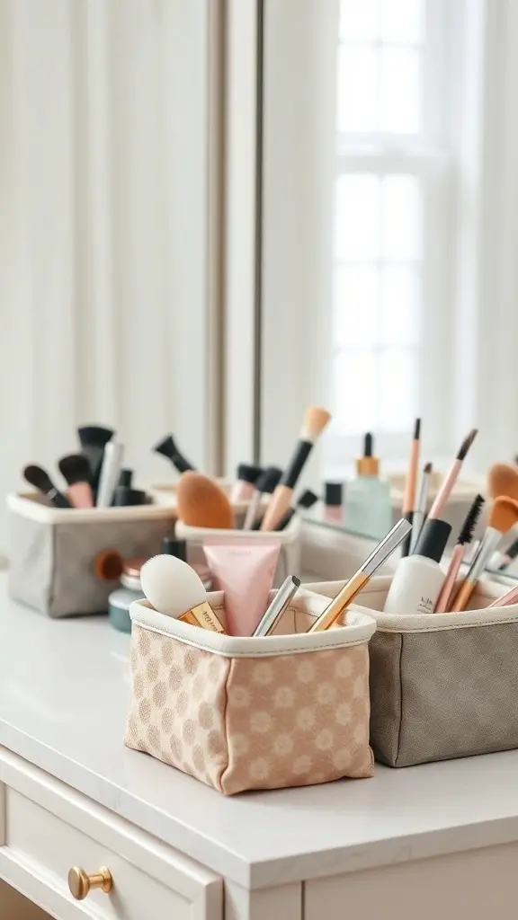 27+ Creative Vanity Organization Ideas You’ll Love 12 Two fabric bins on a vanity filled with makeup brushes and beauty products.