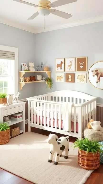 27+ Whimsical Baby Nursery Ideas for a Dreamy Space 15 A cozy nursery decorated with farmyard animal themes, featuring a white crib, animal prints on the wall, and a cow-shaped stool.