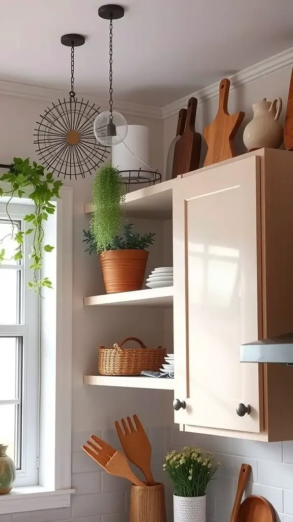 27+Creative Ideas for Decorating Space Above Kitchen Cabinets 17 Decorative items above kitchen cabinets including plants, cutting boards, and a metal hanging piece.
