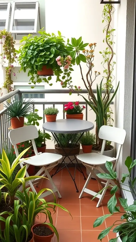 A compact bistro set with a round table and two folding chairs surrounded by potted plants on a small balcony.
