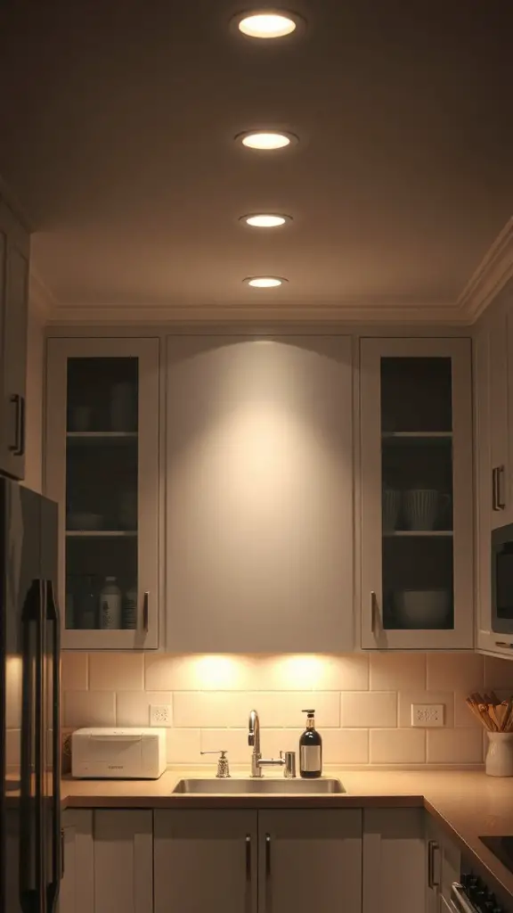 27+Creative Ideas for Decorating Space Above Kitchen Cabinets 7 A kitchen with recessed lighting above cabinets, showcasing a modern design.