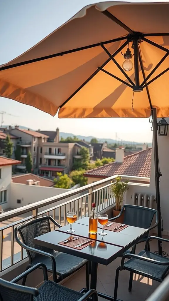 A balcony with a large umbrella, a table set for two, and a bottle of wine.