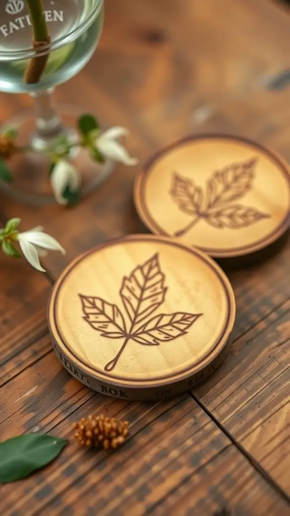 27+ Creative Fall Wood Crafts to Make This Season 5 Two wooden coasters with leaf designs on a rustic table, accompanied by a glass and greenery.