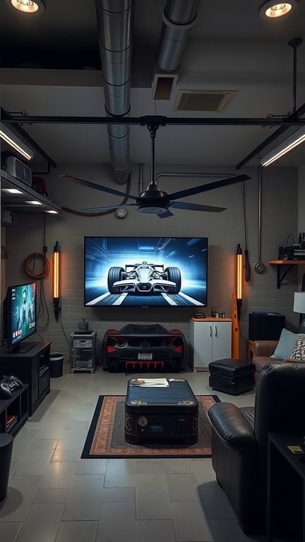 19+ Ultimate Garage Man Cave Ideas You Need to See 8 A garage man cave featuring a large TV with racing visuals, comfortable seating, and a modern design.
