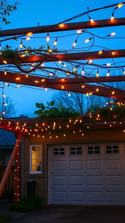 17+ Inspiring Garage Pergola Ideas for Your Outdoor Space 10 A pergola with hanging lights illuminating a garage area at dusk.