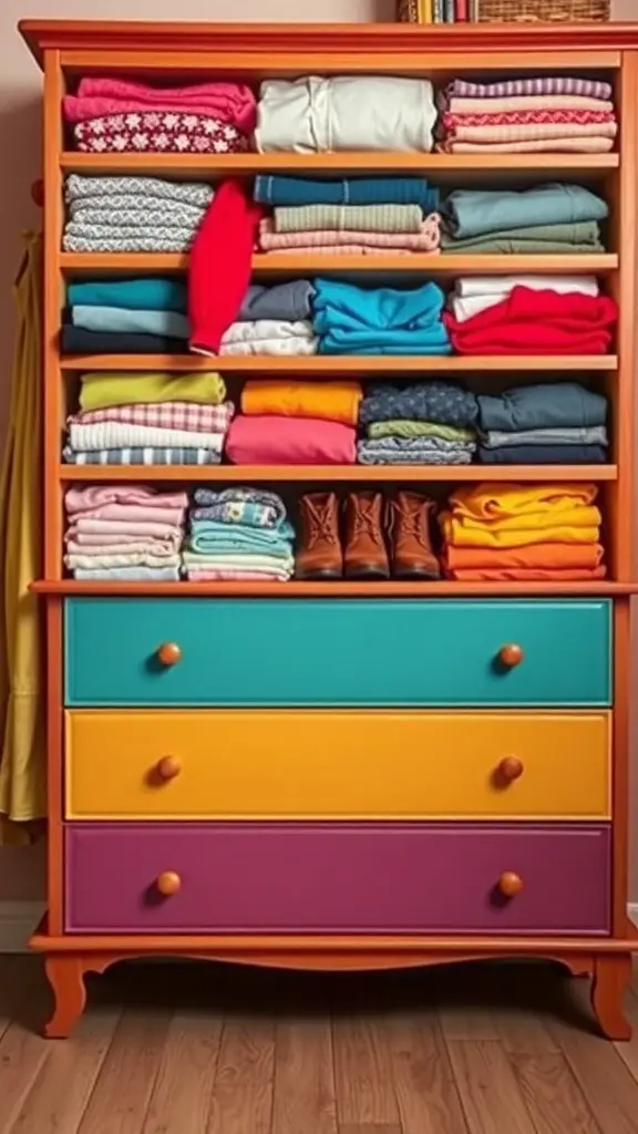 25 Creative Ideas for Dresser Organization with 15 Must-Have Items 4 A colorful dresser with neatly folded clothes organized by color.