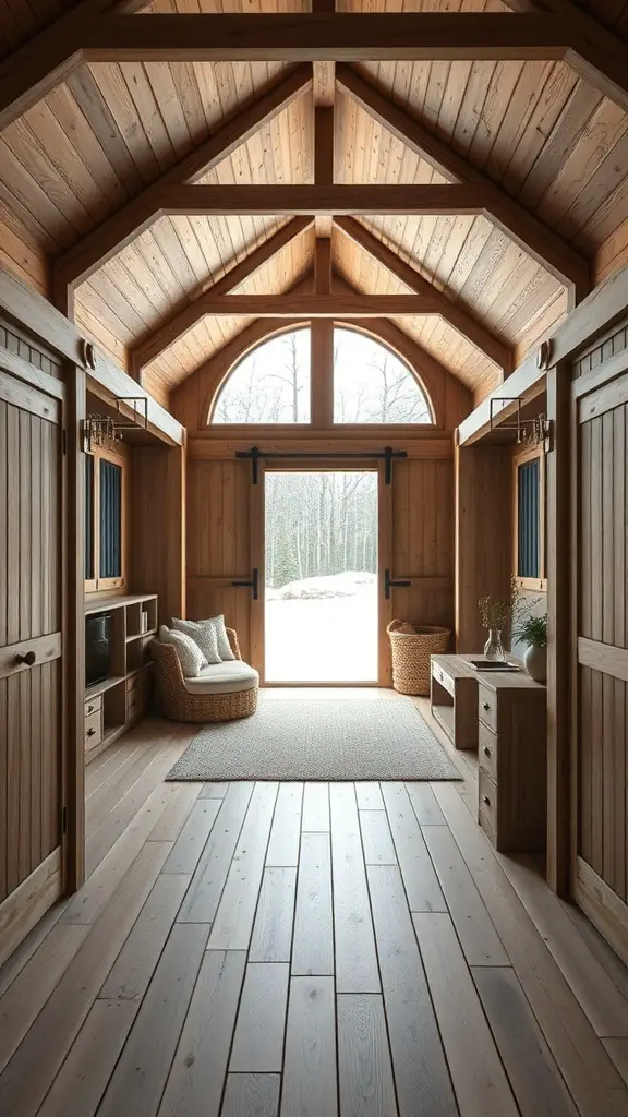 25+ Inspiring Modern Barndominium Ideas You’ll Love 8 A cozy wooden entryway in a modern barndominium with high ceilings and natural light.