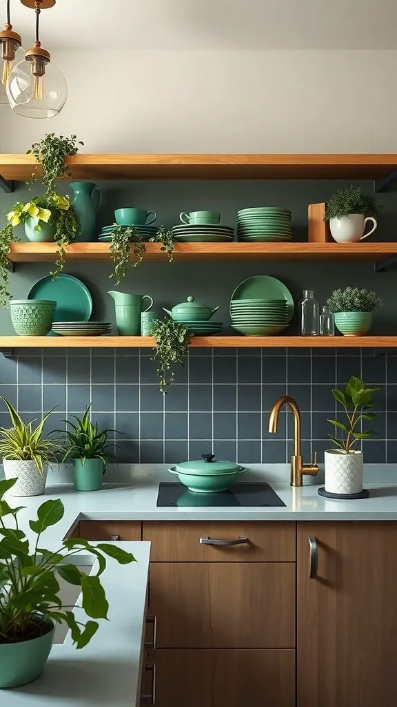 15+ Stunning Green Kitchen Designs You’ll Love 15 A green-themed kitchen with open wooden shelves displaying green dishware and plants.