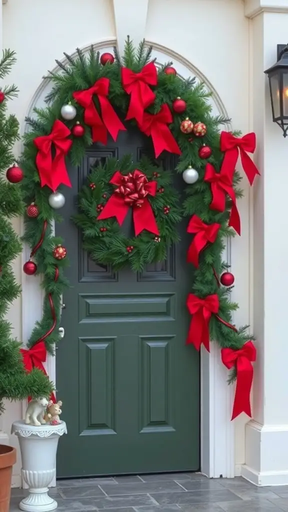 A green front door decorated with a wreath featuring red bows and ornaments