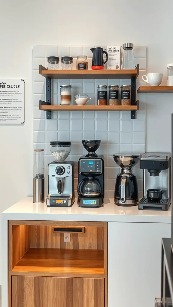 21 Unique Coffee Corner Ideas to Enhance Your Home Decor 17 A modern coffee corner with various coffee machines and accessories on display.