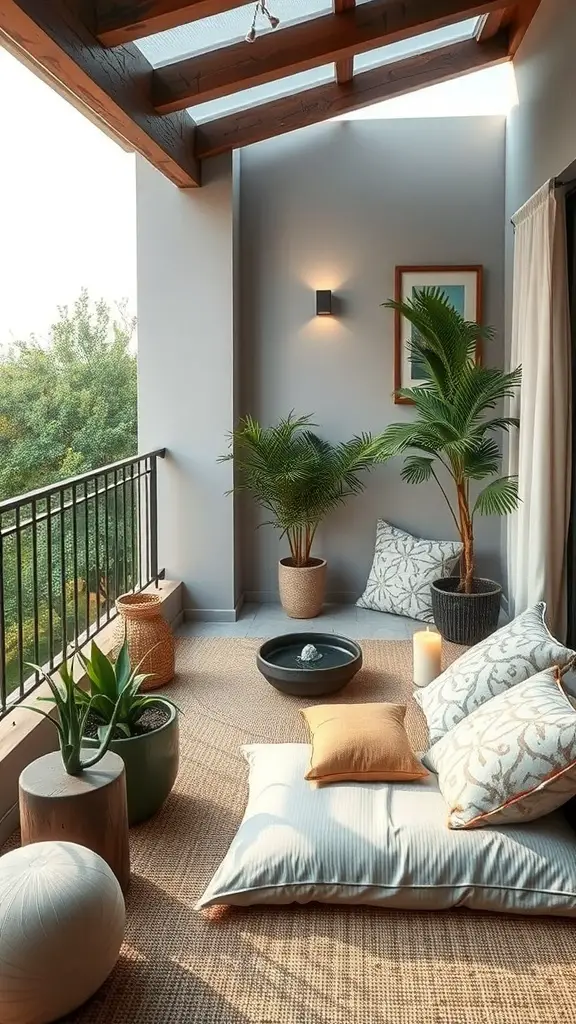 23+ Stylish Apartment Balcony Ideas for Your Outdoor Oasis 19 A cozy meditation corner on an apartment balcony with cushions, plants, and a small water feature.