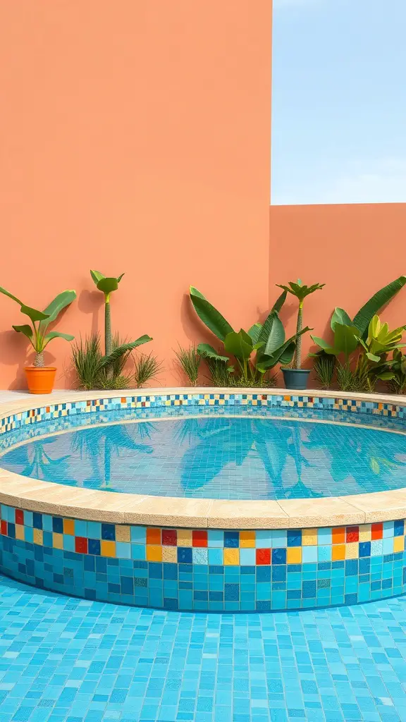 23+ Stunning Semi Inground Pool Ideas for Your Backyard Oasis 15 A semi-inground pool with colorful tiles and a peach wall, surrounded by lush green plants.