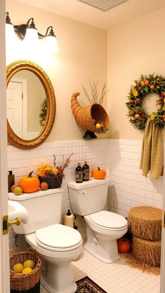 27+ Cozy Fall Bathroom Decor Ideas to Refresh Your Space 17 A cozy bathroom decorated with pumpkins, dried flowers, and warm textiles for a harvest theme.
