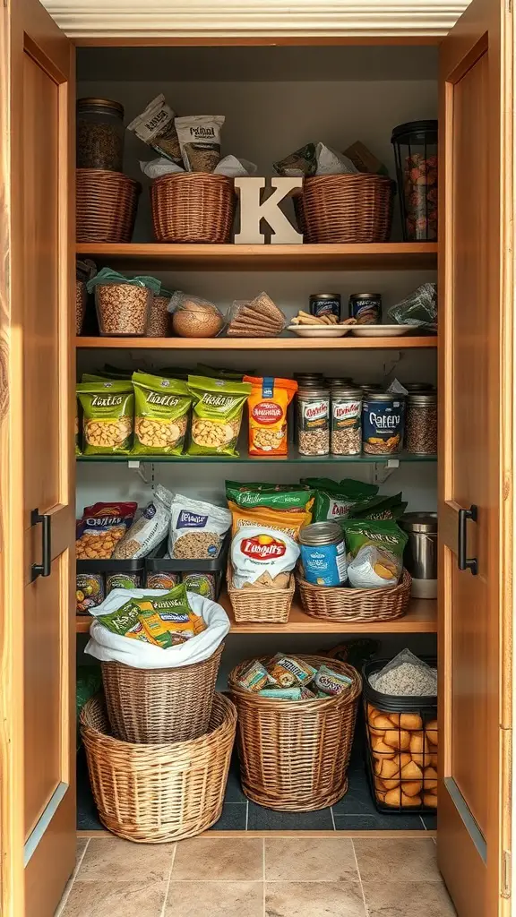 25+ Creative Corner Kitchen Pantry Ideas You’ll Love 7 Organized corner kitchen pantry with various baskets for bulk storage.