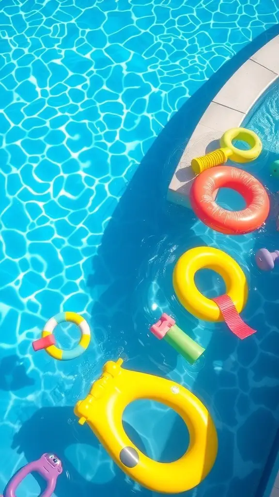 23+ Stunning Semi Inground Pool Ideas for Your Backyard Oasis 13 Two children swimming in a bright blue pool with colorful floaties.