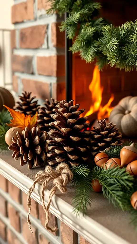 A cozy fireplace decorated with pinecones, greenery, and seasonal elements.
