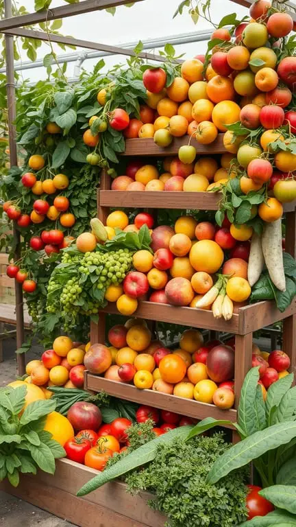19+ Stunning Tiered Garden Ideas to Elevate Your Outdoor Space 2 A colorful display of fruits and vegetables arranged in a tiered wooden tower.