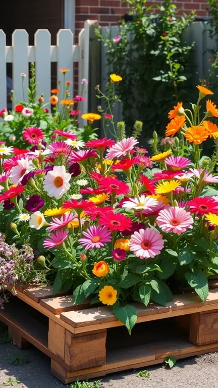 21+ Creative Pallet Garden Ideas You Need to Try 2 A vibrant flower display in a pallet garden featuring various colorful blooms.