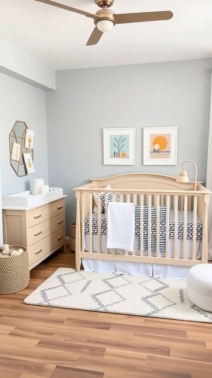 27+ Adorable Gender Neutral Baby Nursery Ideas You’ll Love 6 A gender-neutral baby nursery featuring a light wood crib, dresser, and cozy rug.