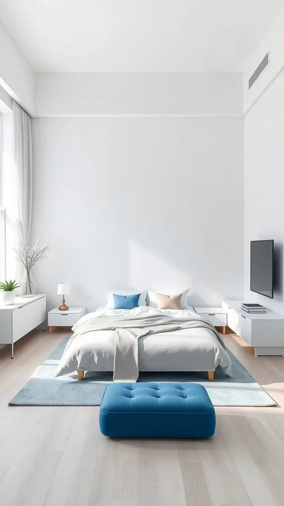 A modern minimalist bedroom featuring a blue and white color scheme with a low-profile bed, blue ottoman, and sleek furniture.